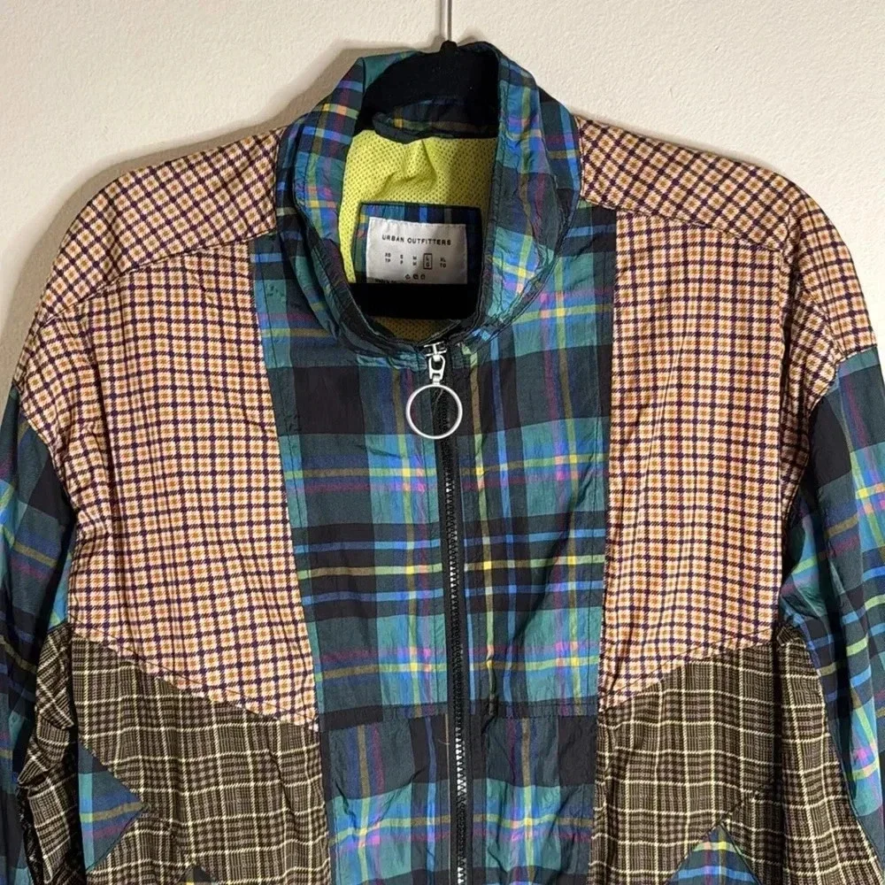 UO Mixed Plaid Blocked Track Jacket Size Large